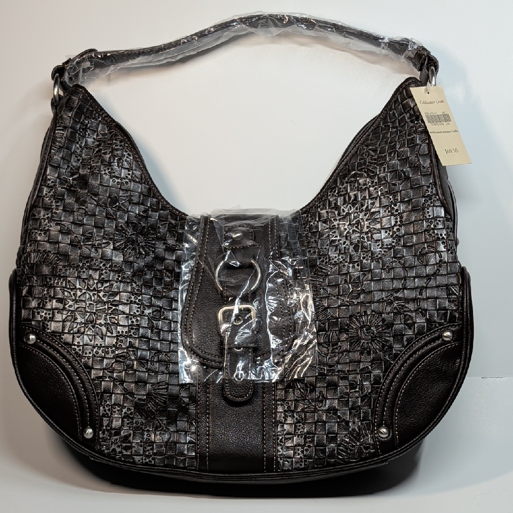 NWT Embossed Woven Hobo Purse, Coldwater Creek Faux Leather Handbag Brown NEW
